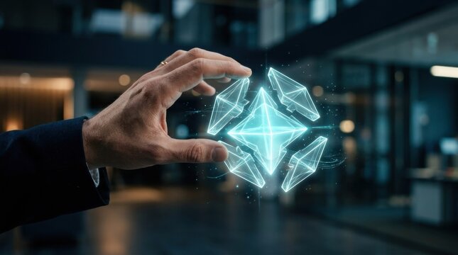 A business person holding a glowing blue holographic cube interface inside a modern professional office space