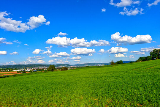 Saftig gr&uuml;ne H&uuml;gellandschaft mit Blick auf das Gr&uuml;ndautal unter blauem Wolkenhimmel in Hessen 