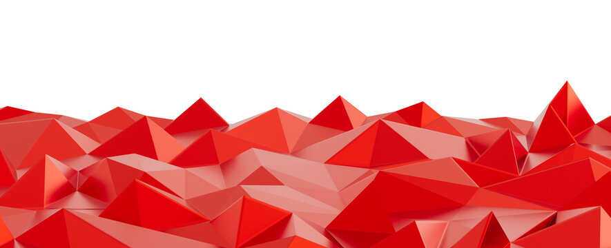 Abstract red geometric low poly background with triangles and pyramids on black. Modern 3D render.