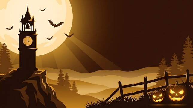 A spooky Halloween scene with a clock tower and pumpkins.
