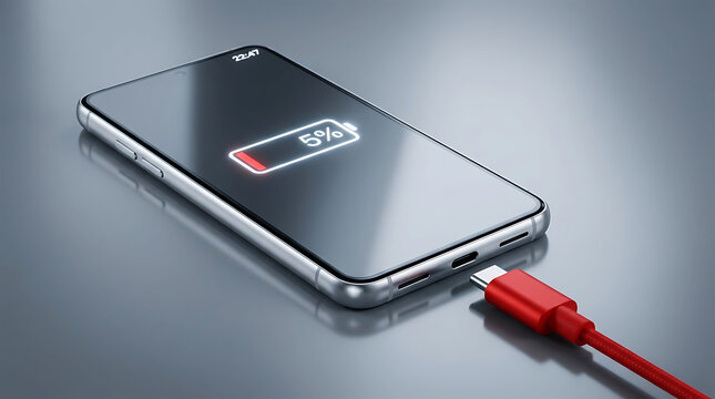 Smartphone displaying low battery warning red charging cable