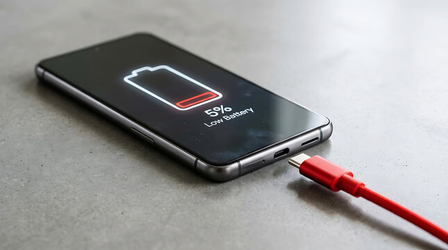 Smartphone displaying low battery warning with charging cable