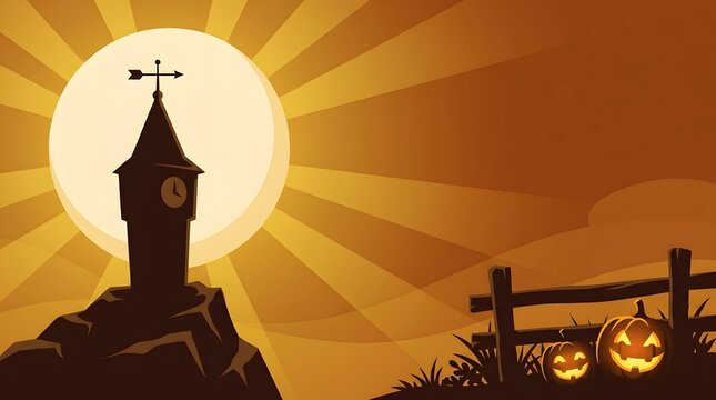 Spooky Halloween scene with a clock tower and pumpkins