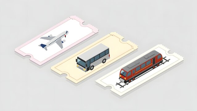 isometric transportation tickets with airplane bus and red train illustrations travel transport concept