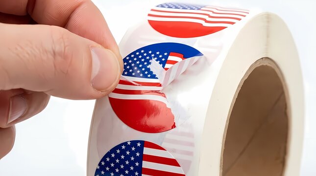 Hand peeling American flag sticker from roll.