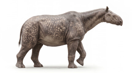 Fototapeta premium Paraceratherium transouralicum walking laterally, full body giant prehistoric rhinoceros in a natural side-profile locomotion pose on white background