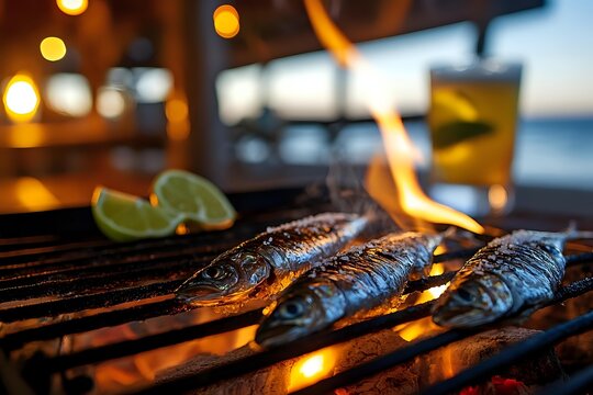 Grilled fish fillets with char marks cooking over open flames on metal grate at sunset, lime wedges and beverage nearby, outdoor coastal dining and barbecue preparation.
