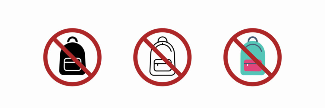 Three different luggage icons crossed out with red prohibition signs isolated