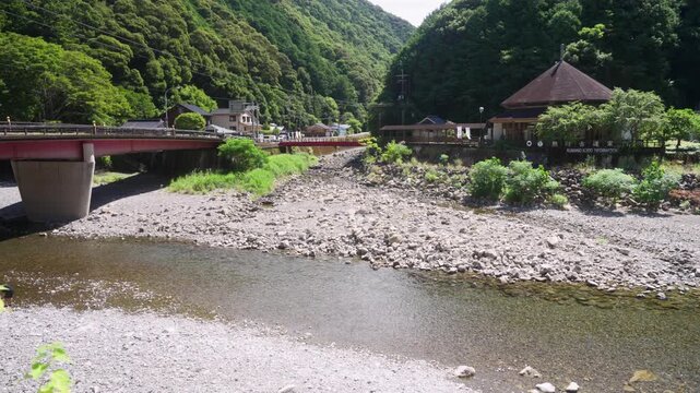 Riverside View of Kumano Kodo Kan (World Heritage Visitor Center) by the Tonda River, Takijiri-oji, Wakayama, Japan　熊野古道 中辺路「富田川と熊野古道館」和歌山県田辺市