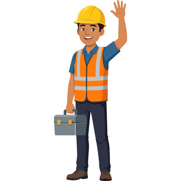 Construction worker waving and holding a toolbox, ready for work.