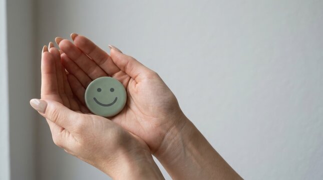 Hands holding a small green circle with a happy smiley face icon