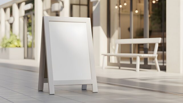 Empty wooden aframe sidewalk sign standing on a paved street in front of a modern shop storefront