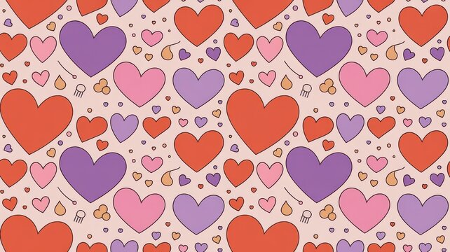 Vibrant Flat Vector Pattern Featuring Colorful Hearts and Small Decorative Geometric Shapes