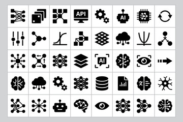 Fototapeta premium Collection of black flat icons representing technology data artificial intelligence and network concepts on a white background