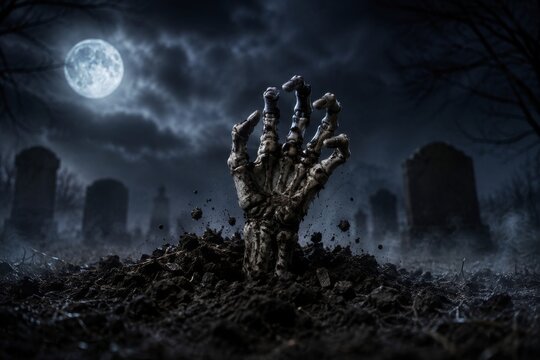 Creepy skeleton hand reaching from dark grave at midnight