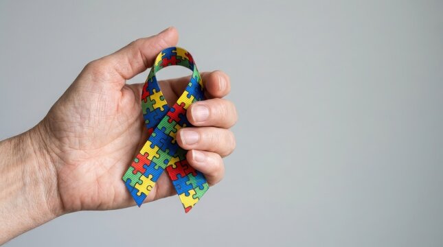 Hand holding colorful puzzle ribbon for autism spectrum awareness concept