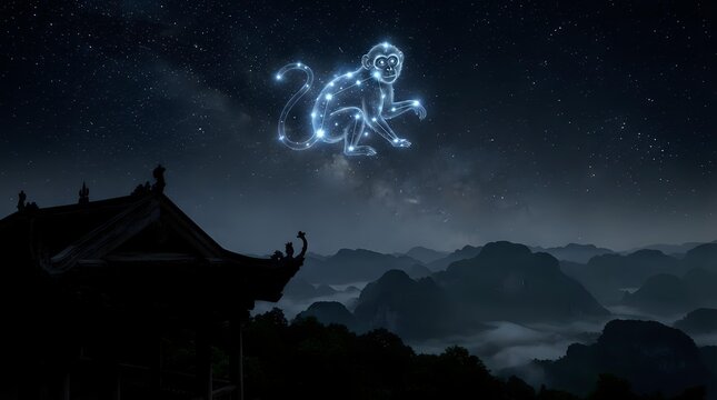 Glowing monkey zodiac constellation shines above traditional Asian temple roof silhouette with misty mountains and starry night sky backdrop.