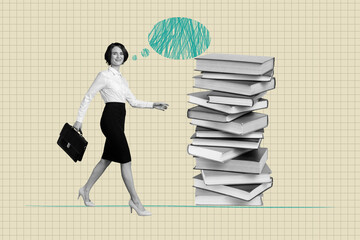 Fototapeta premium Poster photo full sketch collage of happy student girl stand book stack education concept drawing bubble chat bookworm hobby