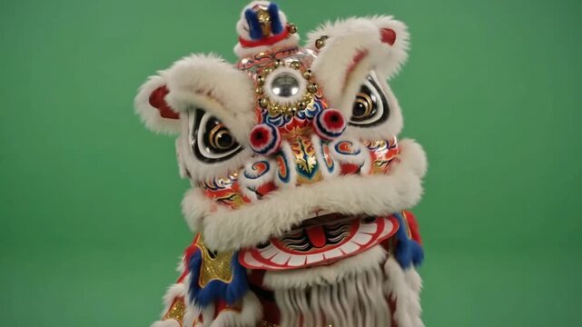 Chinese Lion Dance Mask with Colorful Fur Green Screen Backdrop Art 4K