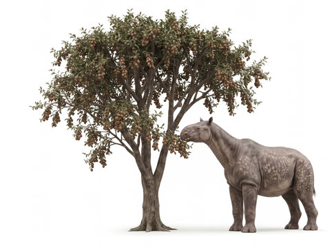 Paraceratherium transouralicum feeding on fruit from a tall tree, giant prehistoric rhinoceros stretching its long neck upward to reach elevated fruit on white background