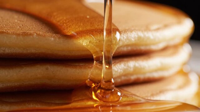 Macro close up of amber syrup pouring over stack of porous golden brown pancakes