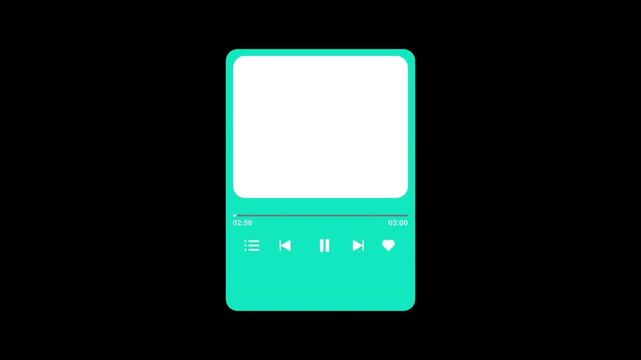 music player mp3 interface box rectangle display with icon sign love favorite song, playlist queue, backward, forward, with counter duration 3 minutes animation on transparent background, 4k video
