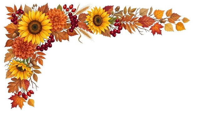 Autumn Floral Corner Frame with Sunflowers and Fall Leaves