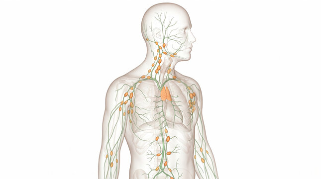 Anatomy of the human lymphatic system, featuring lymph nodes, vessels, and the thymus gland, essential components for immune defense and health