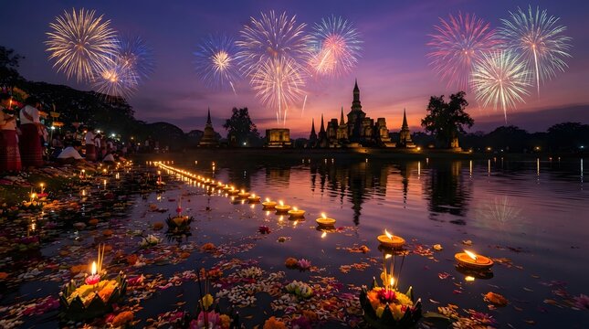 Loy krathong festival celebration with fireworks over ancient temple ruins and floating candles on water in sukhothai, thailand