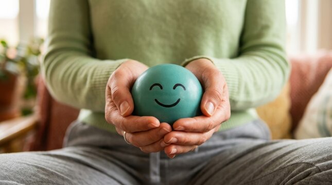 Person holding a teal smiley face sphere in their hands
