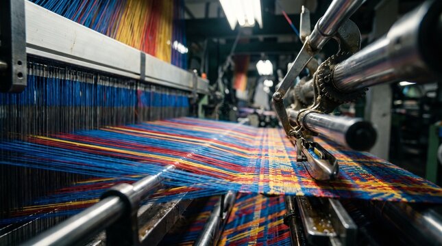 Colorful threads weaving on industrial textile machine