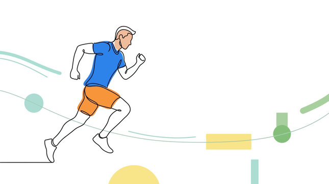 Male sprinter runs fast against a minimal abstract background in vector illustration style.