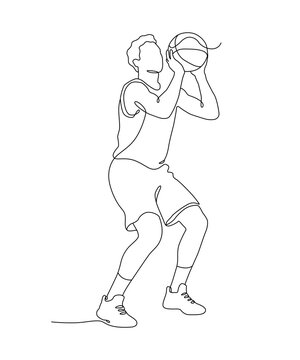 A clean minimalist continuous line illustration of a basketball player preparing to take a shot!