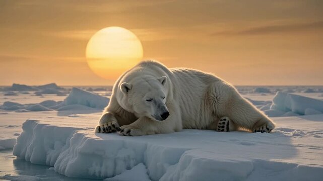 Polar Bear Resting on Arctic Ice Under a Golden Sunset in Winter HD 4K