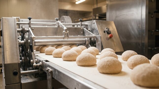 Fresh bread rolls moving on a factory conveyor belt