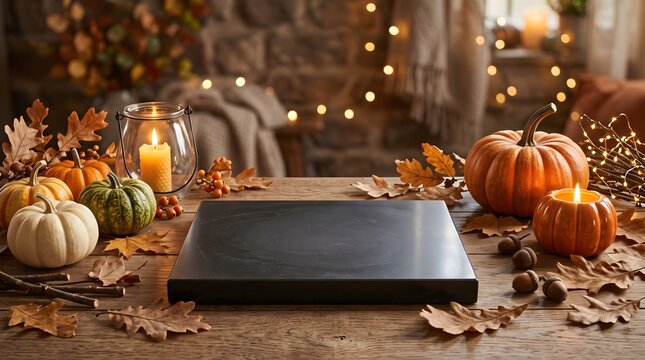 Premium Halloween Ecommerce Product Display Background with Pumpkins, Autumn Leaves and Clean Platform