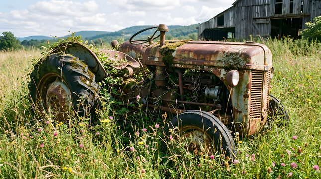 Rusty old farm tractor sits overgrown with wildflowers in a field.