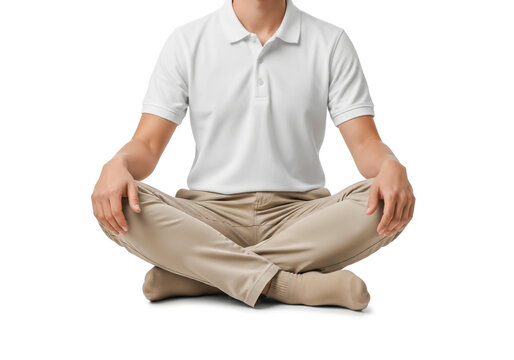 Man wearing white polo shirt sitting in lotus yoga position