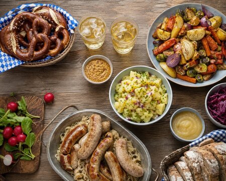 Bavarian Festival Food Table with Pretzels and Traditional Dishes