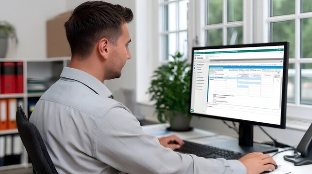 A man sits at a desk using a computer to work on a spreadsheet or data entry form in an office environment