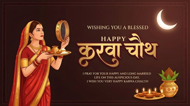 Indian Woman Holding Puja Thali Celebrating Karwa Chauth Festival With Moon Illustration