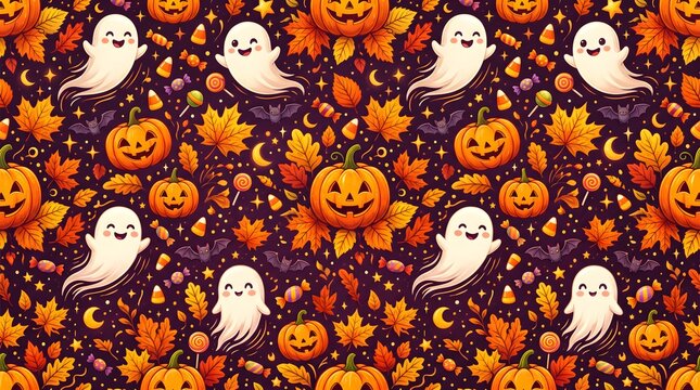 Seamless Halloween Pattern with Pumpkins, Friendly Ghosts, Candy, Stars and Tiny Bats