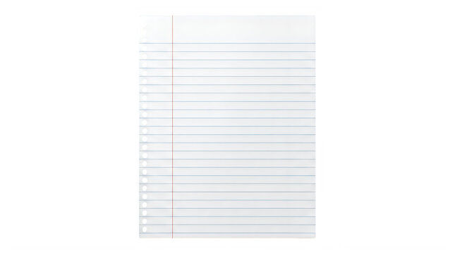 Blank lined notebook paper sheet with spiral binding holes on white background