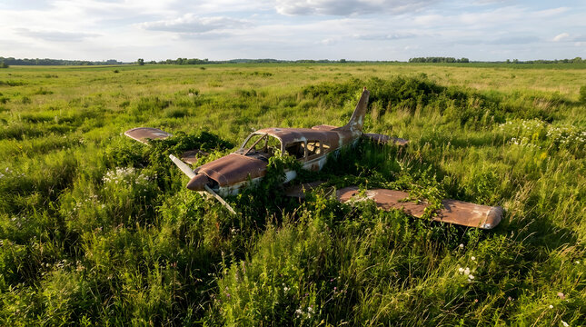 Small plane wreckage abandoned in a green grassy field.