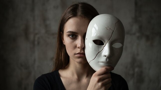 Serious young woman holding a cracked white mask showing hidden identity, mental state, and inner personality