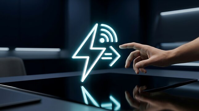 A person interacting with a bright holographic lightning bolt icon representing wireless power transfer technology in a dark modern digital office environment