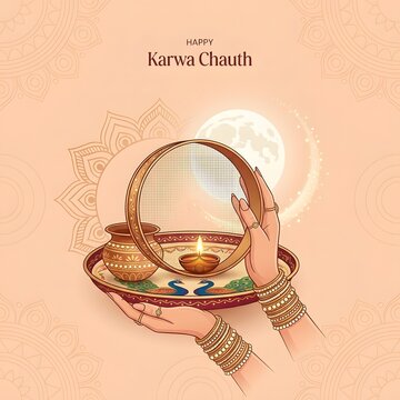 Elegant Happy Karwa Chauth Illustration with Sieve and Traditional Puja Thali Under the Moon
