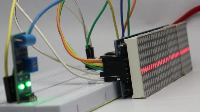 Tapping on a vibration sensor module activates a signal that is displayed as glowing dots on a red LED matrix screen in real time