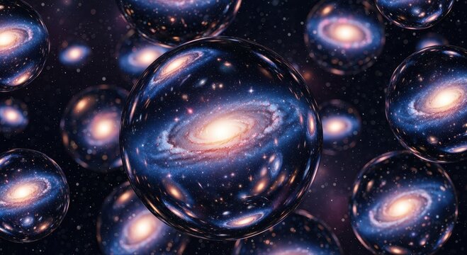 Intricate Spiral Galaxy Encased Within a Transparent Sphere Surrounded by Other Cosmic Nebulae