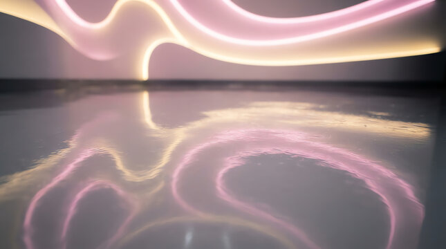 Soft pink and golden light waves create a flowing abstract pattern against a dark.